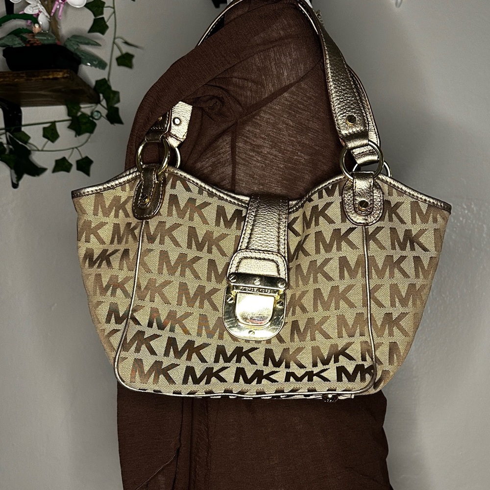 Michael Kors Tan and Brown Logo Shoulder Bag